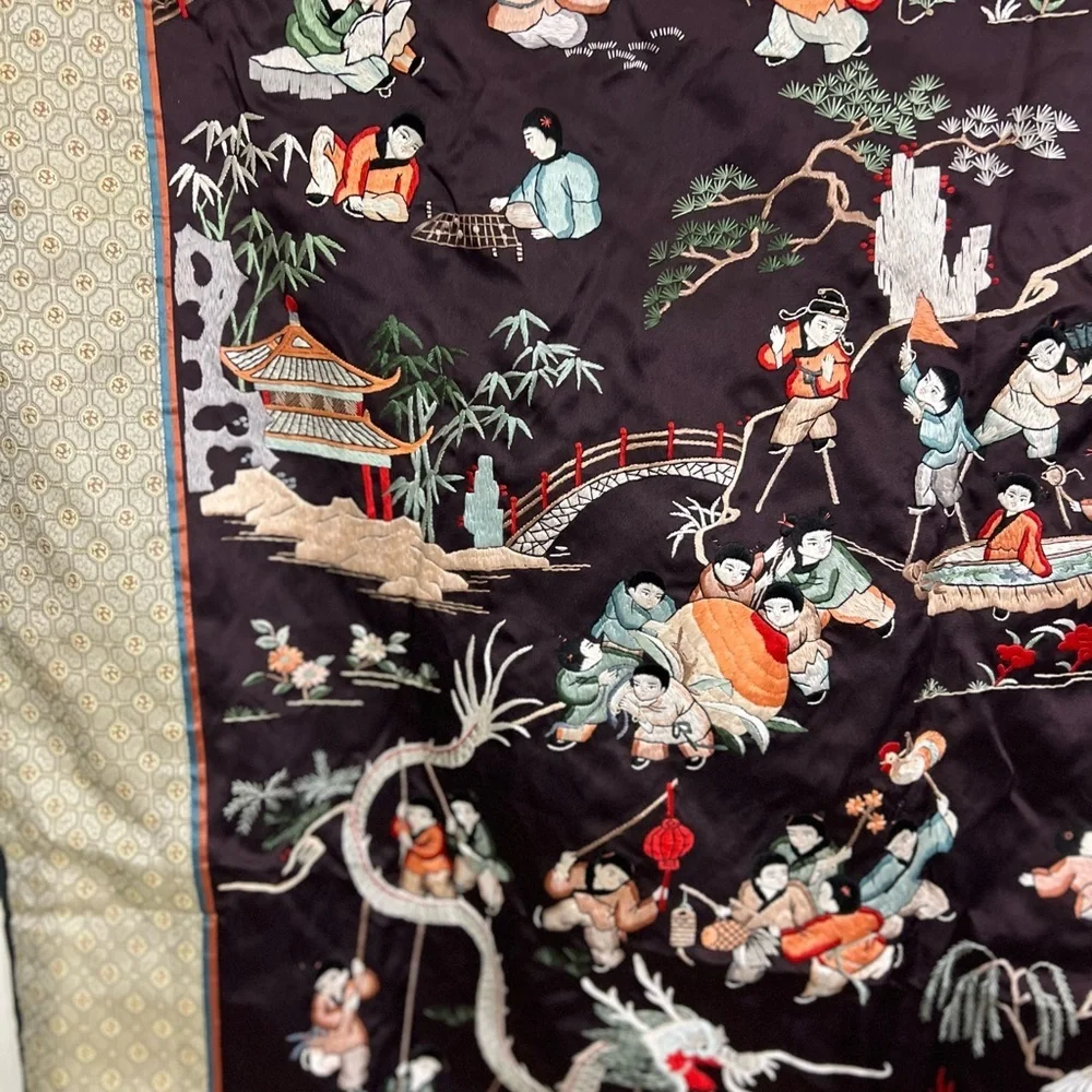 Large Chinese Asian Silk Embroidered Tapestry Wall Hanging Art Panel 36” x 65”